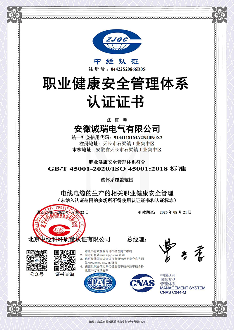 職業(yè)健康安全管理體系認(rèn)證證書